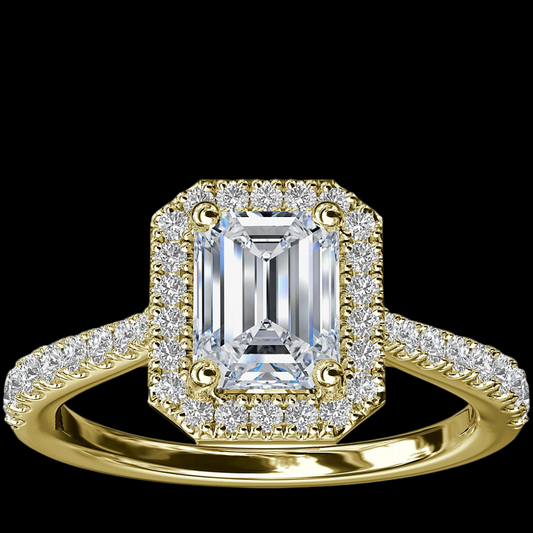 Emerald Cut Bridge Halo Diamond Engagement Ring 14K Yellow