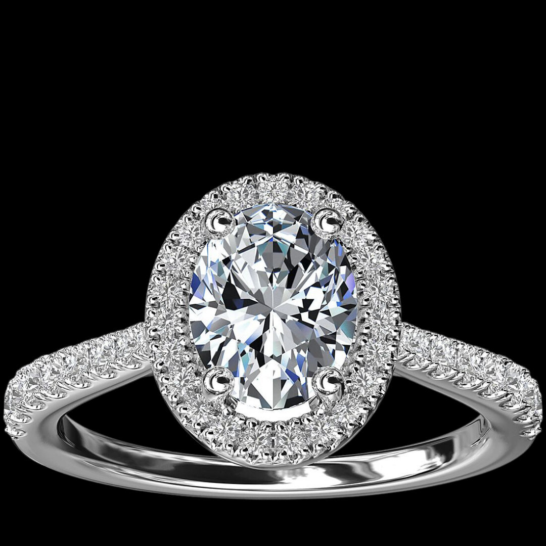 Oval Bridge Halo Diamond Engagement Ring 14K White