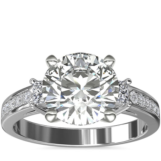 3 Stone Princess-Cut Pave Diamond Engagement Ring 14K White