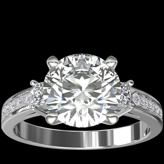 3 Stone Princess-Cut Pave Diamond Engagement Ring 14K White
