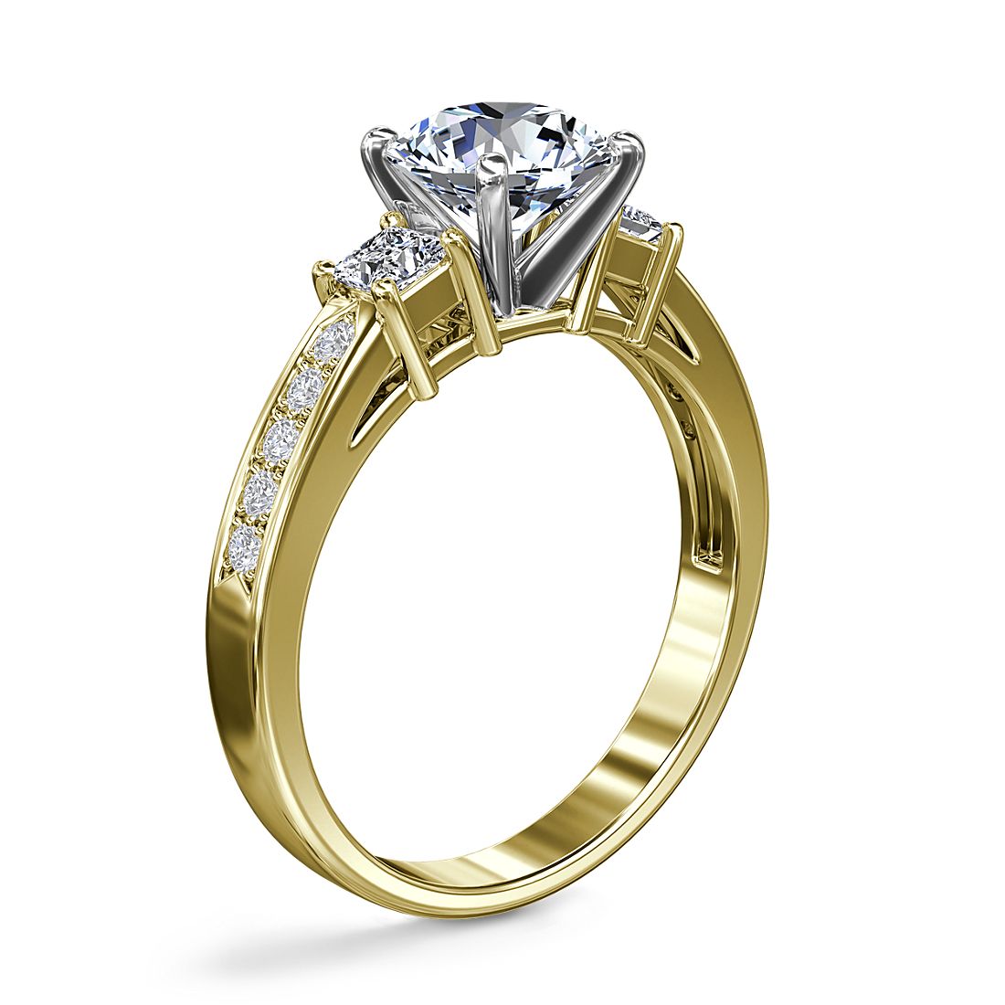 3 Stone Princess-Cut Pave Diamond Engagement Ring 14K Yellow