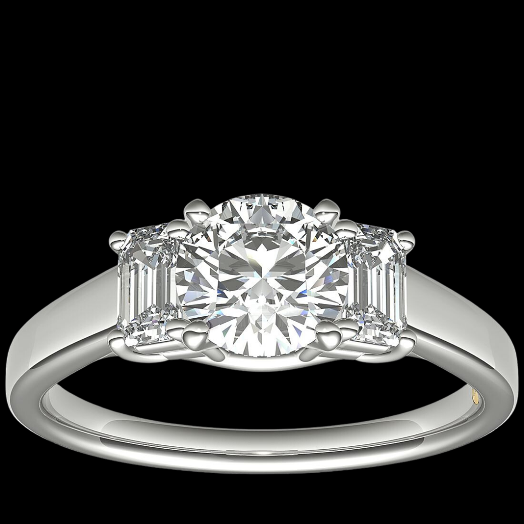 3 Stone Emerald Cut Engagement Ring 14K White
